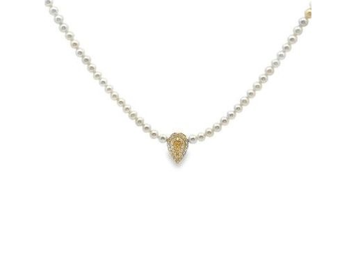 18K Yellow Gold Fresh Water Pearl Strand Necklace with Diamond Pendant